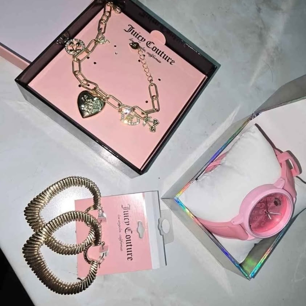 Juicy Couture Gold Heart Charm Bracelet and Pink Watch Set